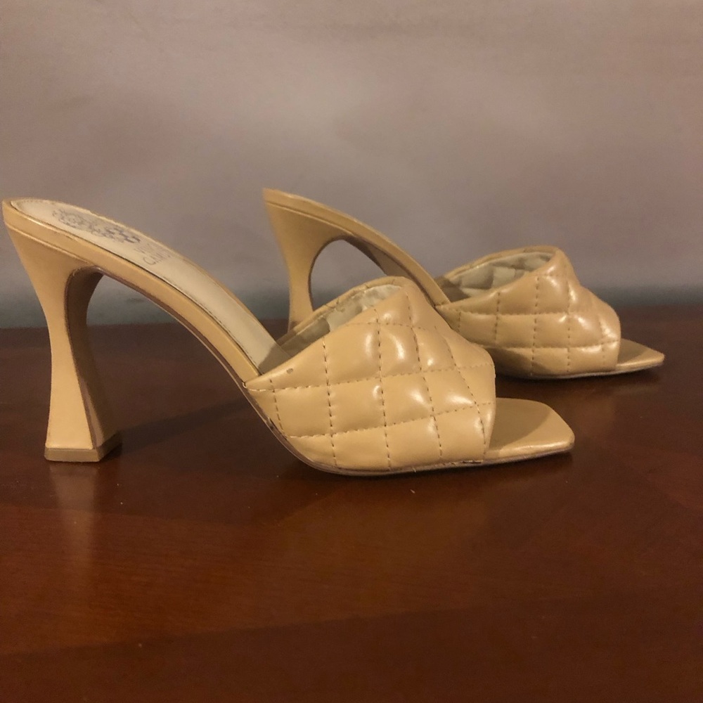 Vince Camuto Quilted Open-Toe Slide Mules in Beige